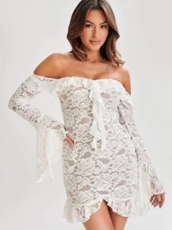 Meshki Dresses & Skirts - Meshki Lindsay Lace Plisse Off-Shoulder Lace Mini Dress in Ivory White XL
